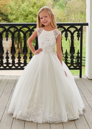 Cap Sleeves Beaded Ivory Lace Glitter Tulle Modern Flower Girl Dress